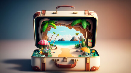 An open suitcase with a tropical island inside.