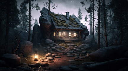 Obraz premium House with light in the windows in the night forest