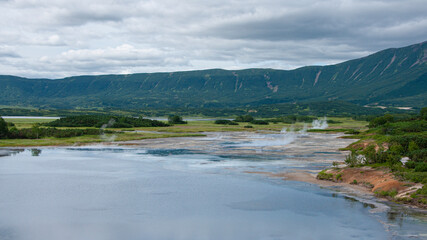 Panorama of hot springs, pools and warm toxic lakes in Kronotsky Nature Reserve 