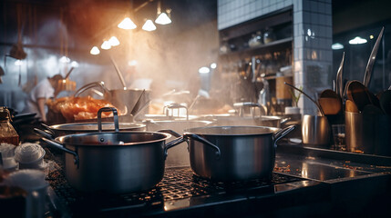 Professional Chef's Gourmet Kitchen, Delicious Restaurant Food, Culinary Cooking Expert, Stove and Flame. Generative AI.