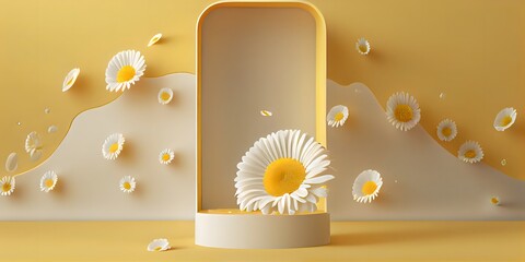 yellow podium display. White daisy flower falling. Cosmetic or beauty product promotion step. Pedestal on bright backdrop. Chamomile Spring banner, Ai generative