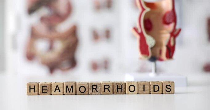 Word hemorrhoids on wooden cubes on background of anatomical model of rectum 4k movie