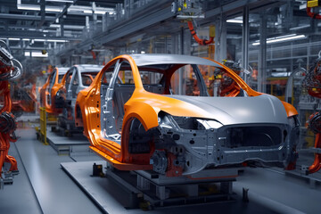 Fototapeta na wymiar auto assembly line of cars in a factory. Generative AI
