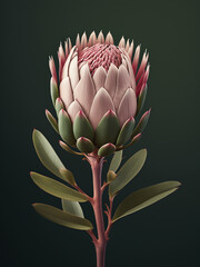 Fototapeta premium Close-up exotic flower of pink king protea plant over green background, bouquet, gift, valentine's day
