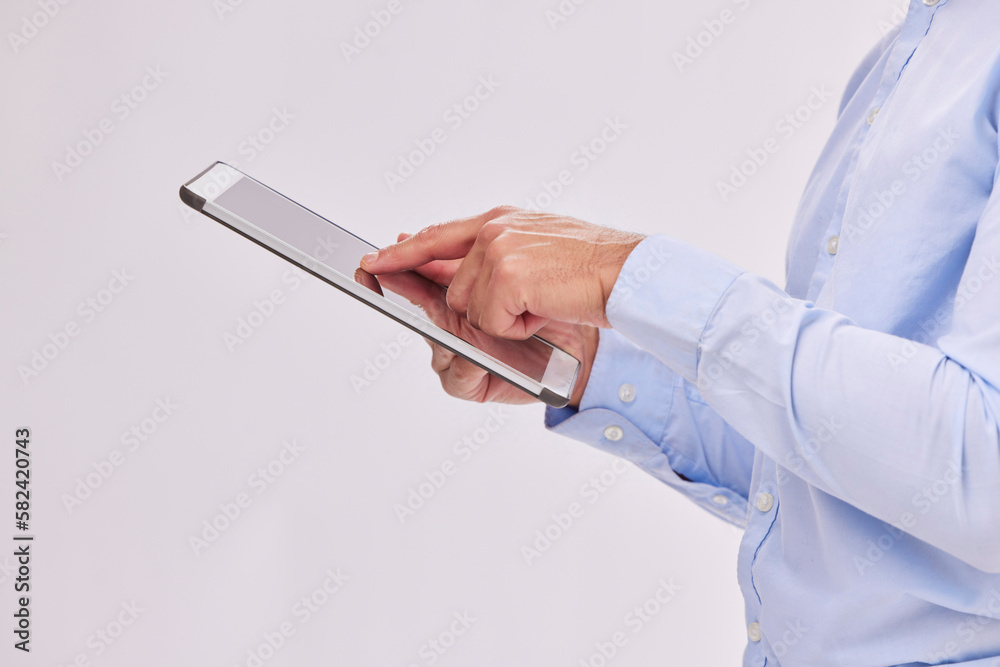 Poster hands, tablet and business man typing in studio isolated on a white background. technology, social m