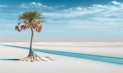  a palm tree in the middle of a desert with a blue sky in the background.  generative ai