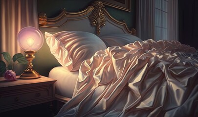  a painting of a bed with a white comforter and a pink lamp.  generative ai