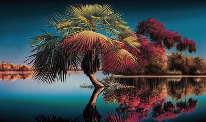  a painting of a palm tree in front of a body of water.  generative ai