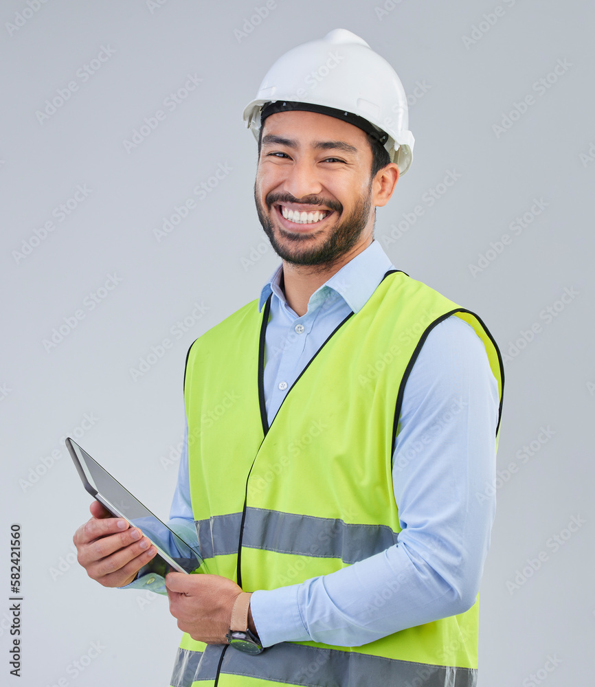 Poster construction worker, portrait and happy man in studio with tablet and helmet safety on white backgro