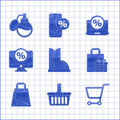 Set Waterproof rubber boot, Shopping basket, cart, Gift box, Paper shopping bag, Percent discount and monitor, laptop and Perfume icon. Vector