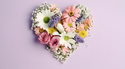 Obraz premium Generative AI illustration. A heart shape made of wildflowers. View from above.