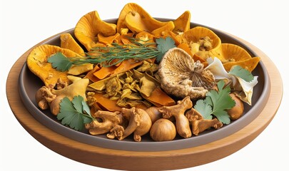  a bowl filled with lots of different types of mushrooms and leaves.  generative ai