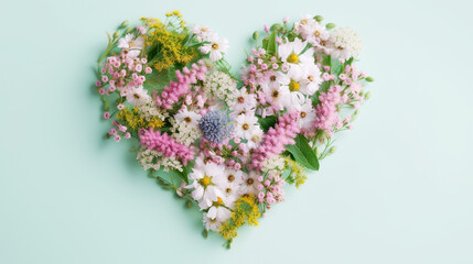 Generative AI illustration. A heart shape made of wildflowers on a pastel color background. View from above.