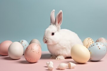 Obraz premium White Easter bunny surrounded with decorated eggs. Easter holiday. Greeting card design. Copy space. Generative ai.