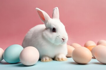 White Easter bunny with colorful eggs on soft pink background. Easter holiday. Greeting card design. Copy space. Generative ai.