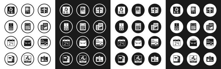 Set Stacks paper money cash, Calculator, Mobile stock trading, Pie chart infographic, Business finance report, ATM and, Failure stocks market and Calendar icon. Vector