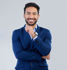 Business man, smile and style portrait in studio for corporate or CEO fashion while happy. Face of...