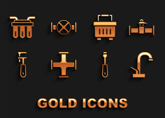 Set Industry metallic pipe, and valve, Water tap, Screwdriver, Pipe adjustable wrench, Toolbox, filter and icon. Vector