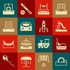 Set Ferris wheel, Bumper car, Kid slide, Bungee, Jumping trampoline, Swedish wall, Car tire hanging on rope and Rocket ship icon. Vector
