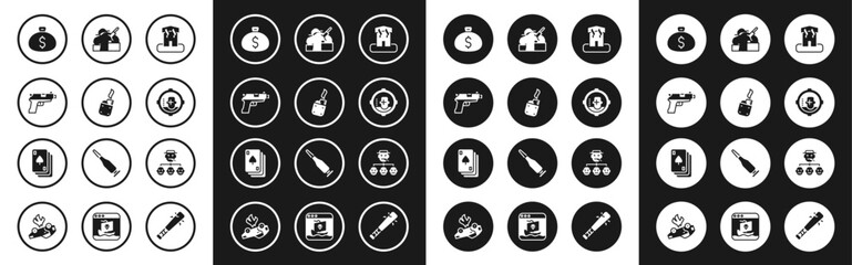 Set Arson home, Lighter, Pistol or gun, Money bag, Headshot, Murder, Mafia and Playing cards icon. Vector