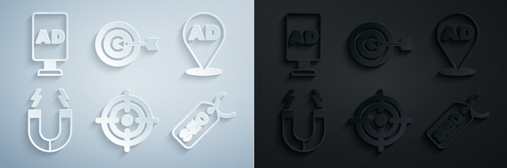 Set Target, Advertising, Magnet, SEO optimization, and icon. Vector