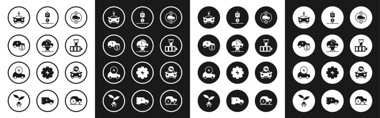 Set Electric car, price, Battery charge, Charging parking electric, Eco and icon. Vector