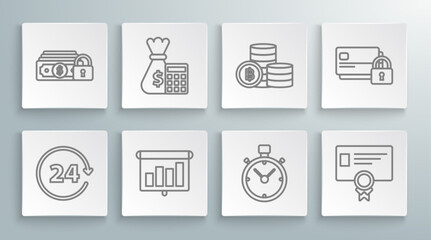 Set line Clock 24 hours, schedule, chart, diagram, infographic, pie graph, Stopwatch, Certificate template, Cryptocurrency coin Bitcoin, Credit card and Money icon. Vector