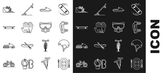 Set line Rafting boat, Helmet, Knee pads, Jet ski, Gloves, Skateboard, Bicycle on street ramp and Diving mask icon. Vector