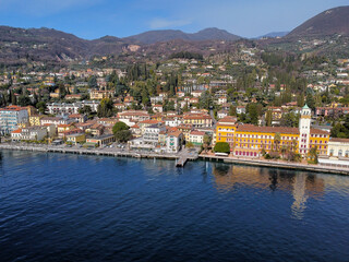 Fototapeta na wymiar aerial view of the lake front of Gardone Riviera, Garda lake, Italy.