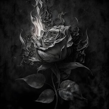 black and white rose on fire