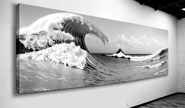  a black and white photo of a wave on a wall.  generative ai