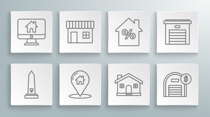 Set line Washington monument, Shopping building or market store, Map pointer with house, House, Warehouse dollar symbol, percant discount tag, Garage and Computer monitor smart home icon. Vector