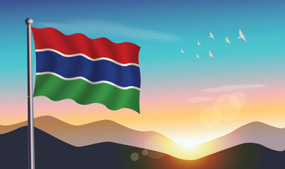 Gambia flag with mountains and morning sun in background