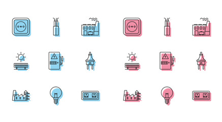 Set line Power station plant and factory, Light bulb, Electrical outlet, panel, plug, Solar energy sun and cable icon. Vector