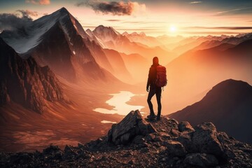 Summiting the Heights: A Solo Hiker's Personal Triumph at Sunrise. Generative AI.