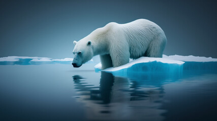 Sadness polar bear on ice in arctic, global warming concept. Generative AI