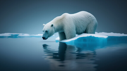 Naklejka premium Sadness polar bear on ice in arctic, global warming concept. Generative AI