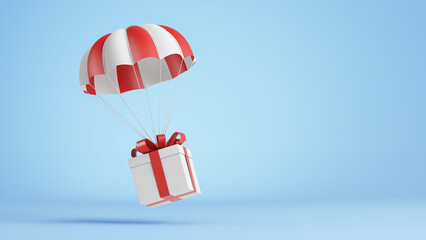 Parachute carrying gift box, present. 3d rendering