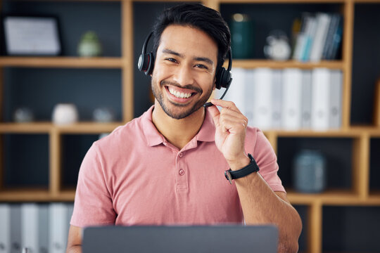 Asian Man, Call Center And Portrait Smile On Laptop For Consulting, Customer Service Or Support At Office. Happy Male Consultant With Headphones By Computer For Telemarketing, Help Or Online Advice