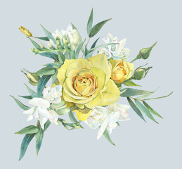 Watercolor bouquet of eucalyptus and yellow roses