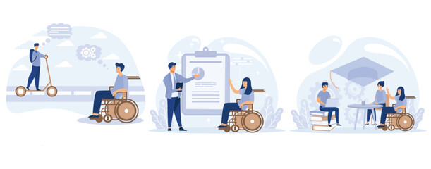 Social environment concept, Social adaptation of disabled people, employment and inclusive education, children with special needs, set flat vector modern illustration  