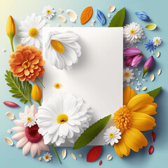 Photo floral background with white blank greeting card and flowers generative ai