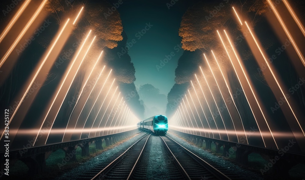 Sticker  a train traveling through a tunnel with lights on the tracks.  generative ai