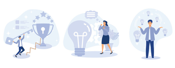 Personal and professional growth, Key to success, thinking and imagination, brainstorming, idea and fantasy, motivation and inspiration, set flat vector modern illustration