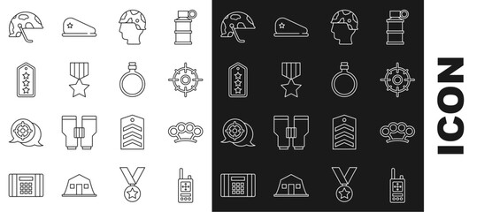 Set line Walkie talkie, Brass knuckles, Target sport, Army soldier, Military reward medal, rank, helmet and Canteen water bottle icon. Vector