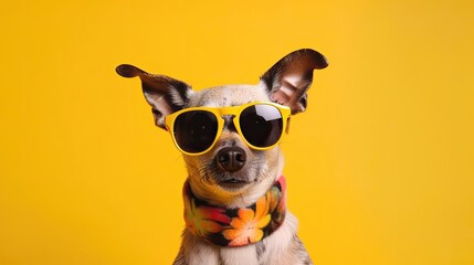 Cool surprised dog with sunglasses on colorful background. Generative AI