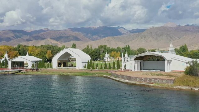 Aerial view of Rukh ordo memorial on the coast of the Issyk-kul lake