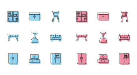 Set line Wardrobe, TV table stand, Shelf with books, Lamp hanging, Sofa, Office desk and Chest drawers icon. Vector