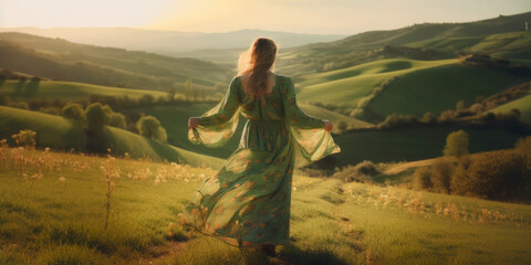 A woman in a boho style dress walks through a sunlight green Toscana hills. ai generative