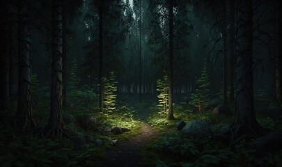 Fototapeta premium a dark forest with a path leading to a light at the end. generative ai